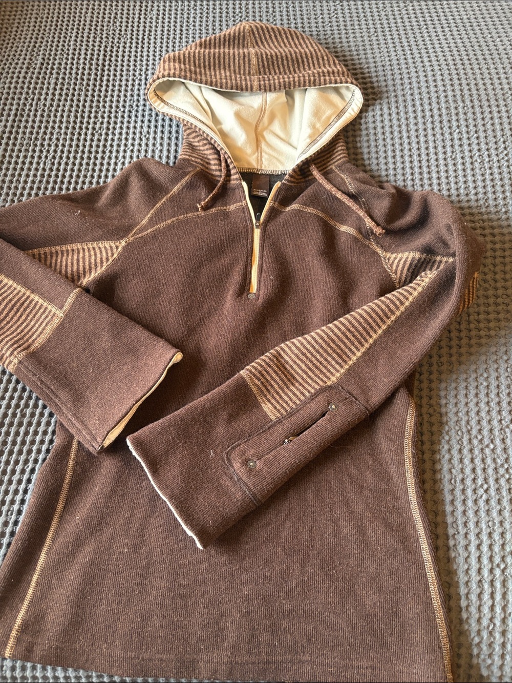 Prana Brown Half-Zip Hooded Sweater with Cream Lining